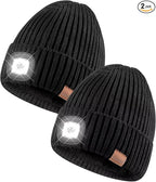 Beanie with Light for Men 2 Pack, Hat with Light Built in Rechargeable Winter Warm Knitted Headlamp Caps, Gift for Men Dads Husband Led Beanie Hats with Light(Black&Black)