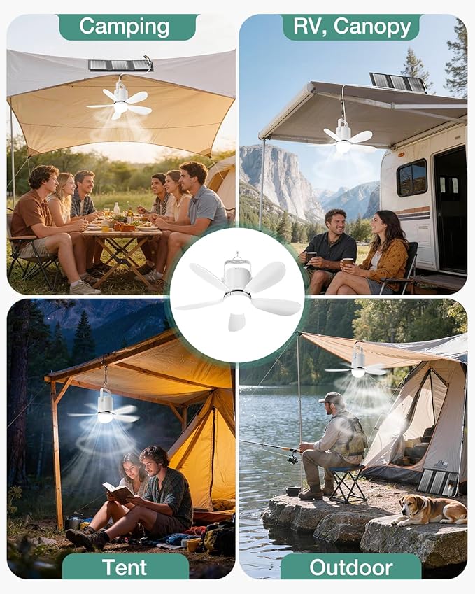 Solar Ceiling Fan Light, Battery Operated Camping Fan with Remote Contorl & 20W Portable Foldable Solar Panel, Rechargeable Gazebo Fan Light for Tent Canopy Pergola Travel