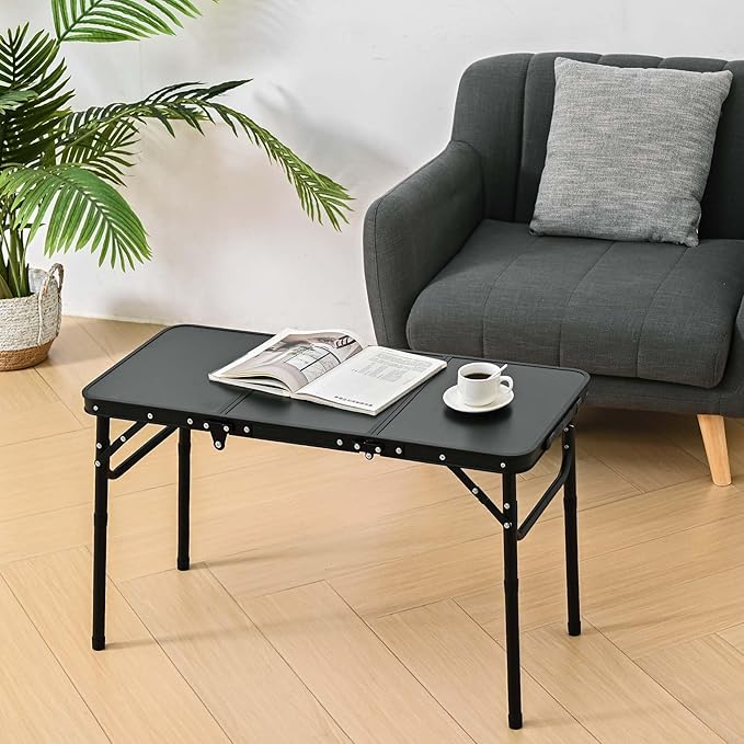 Folding Picnic Table with Storage Net, Matte Black Aluminum Folding Table 35" x 16", Adjustable Height Max 27.5", Lightweight Portable for Camping Travel Grill Indoor