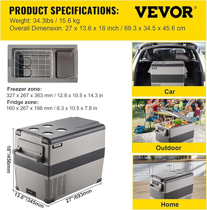 VEVOR 12 Volt Refrigerator, 48 Quart (45L) Fast Cooling Portable Freezer with App Control (-4℉~68℉), Car Fridge with 12/24v DC & 110-240v AC for Travel, Truck, Camping and Home Use, Black