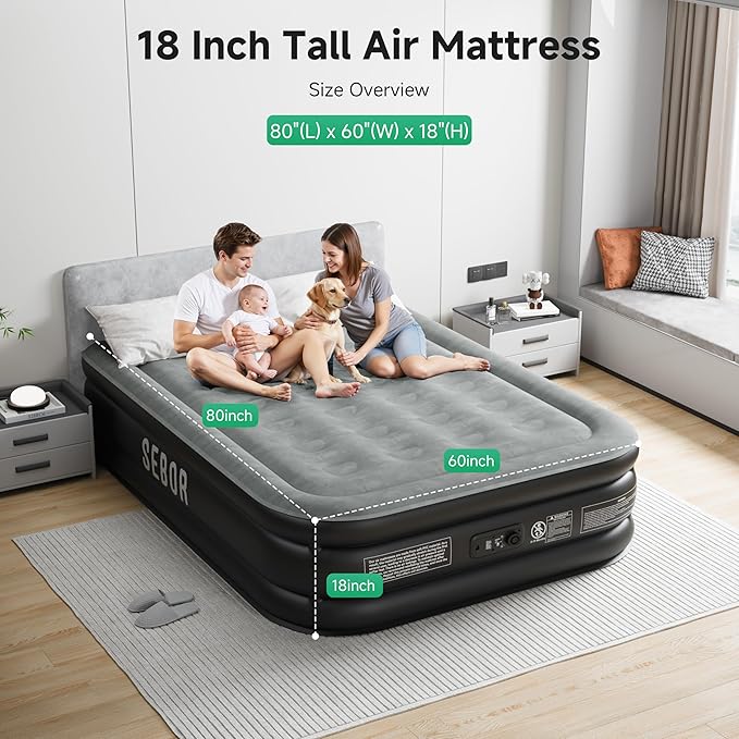 Sebor Air Mattress Queen with Built-in Pump 18", Comfortable Self-Inflating Air Mattress with High-Speed Pump, Durable Blow Up Mattress Queen with Storage Bag for Guests, Camping, Travel