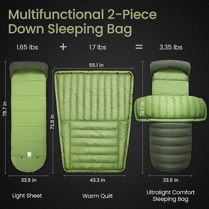 ATEPA Down Sleeping Bag for Adults, Recycled Ultralight 35°F 40°F 45°F 50°F 650FP / 700FP 3 Season Compact Sleeping Bags with Compression Sack for Backpacking Camping Hiking, Can Be Attached to Pad