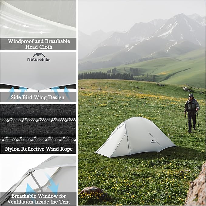 Naturehike 1-2 People Cloud up UL Tent, Rainproof PU1500mm & Windproof Upgrade Ultralight Tents, for Cycle Camping,Backpacking,Hiking,Self-Standing, Construction