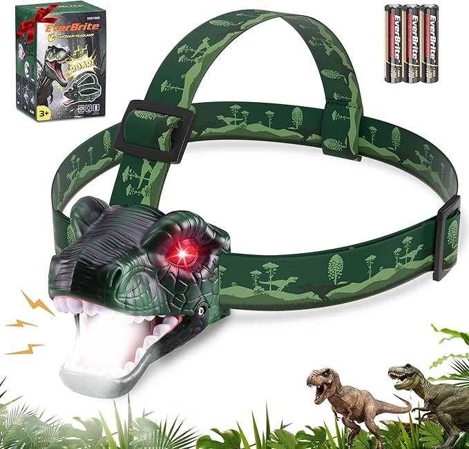 EverBrite Dinosaur LED Headlamp, T-Rex Head Lamp with Roar & Silent Mode, Batteries Included, Hands-Free Headlight for Camping, Hiking, Night Walking, Costume & Outdoor Use