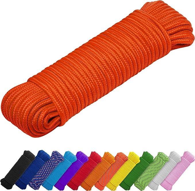 TECEUM Rope – 90 Feet x 3/8 Inch (10mm) – Orange – Strong All-Purpose Utility Rope – Camping, Crafting, Flag Pole, Indoor & Outdoor – Polypropylene Nylon Poly Lightweight Diamond Braided Cord