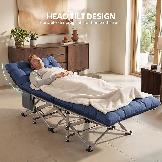Folding Camping Cot for Adults - 2 Pack Heavy Duty Sleeping Cots with Carry Bag Double Layer Oxford Portable Travel Camp Cots for Outdoor Camp Beach Home Office (Blue Pad & Gray Pad, 2PACK)
