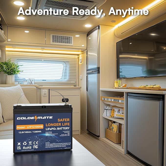 GOLDENMATE 12V 100Ah Group 24 Bluetooth LiFePO4 Battery, Deep Cycle Lithium Battery, Built-in 100A BMS, Up to 15000 Cycles, Perfect for RV, Solar System, Marine, Trolling Motor, Off-grid Setups