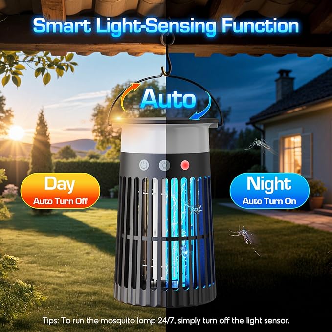 Solar Bug Zapper Outdoor, Waterproof Mosquito Zapper with RGB & Flame Light, 4200V Electric Bug Zapper Indoor, 4000mAh Rechargeable Mosquito Killer Fly Zapper Trap for Patio Backyard Kitchen Camping