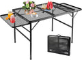 Large Folding Camping Table - Metal Mesh Grill Table with 2 Wing Panels | 2 Adjustable Heights | Large Picnic & Outdoor Table | Expandable Shelves, Lightweight (4.4 FT, Black)