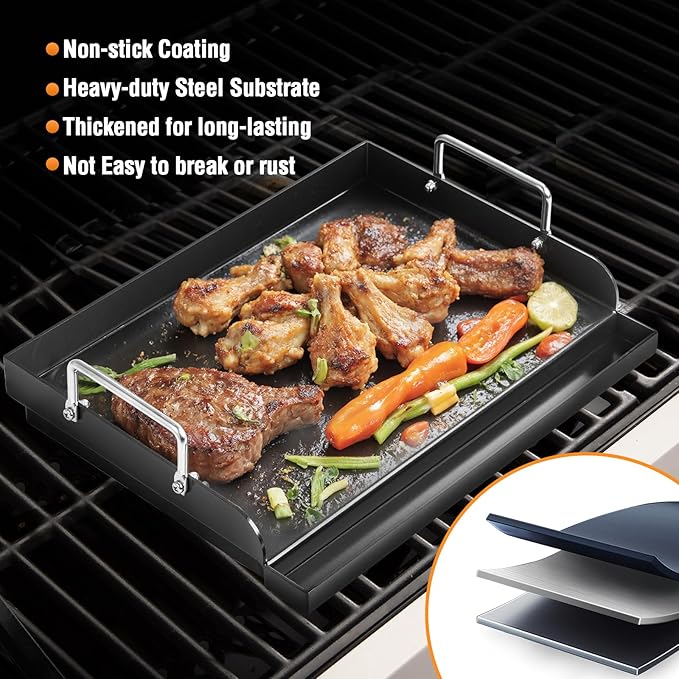17" x 13" Nonstick Coating Cooking Griddle for Gas Grill, Universal Flat Top Plate Insert with Grease Groove and Removable Handles for Weber Charbroil Camp Chef/Gas Stove/Electric Flat Griddle