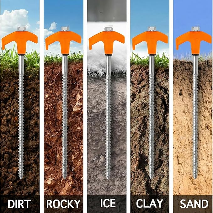 8" Heavy Duty Screw in Tent Stakes, Metal Camping Stakes, Drill-In Ground Anchor, Threaded Stakes for Canopies, Gardening, Yard Inflatables, with Hex Socket and Storage Bag (12, Orange)