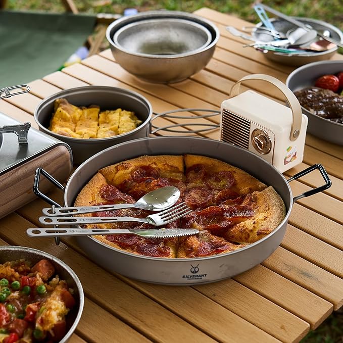 SILVERANT Camping Plate Titanium Pan Dish Plate with Handle & Mesh Bag, Large Reuseable Ultralight Dinner Plate for Camping Outdoors Backpacking (1500ML)