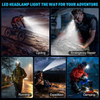 Sinvimes 99000 High Lux LED Rechargeable Headlamp, 95H Long Battery Life Head Lamp with 5 Modes & IPX7 Waterproof & Zoomable, 120° Adjustable Head Light for Adults, Outdoor, Camping, Hardhat