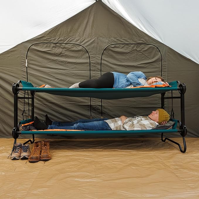 Disc-O-Bed Extra Large Portable Bunk Camping Cots with Carry Bags - Heavy-Duty Indoor or Outdoor Sleeping System, Converts to Bench or Separate Beds, 500 lb Weight Capacity Per Cot, Green