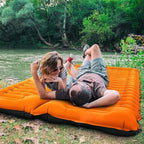 Double Sleeping Pad for Camping, 4" Extra Thick Self-Inflating Air Mattress - 2 Person Inflatable Camping Mat with Built-in Foot Pump & Pillow, Backpacking Hiking Tent Travel-Orange