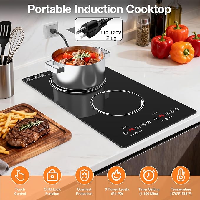 Double Induction Cooktop 2300W, Portable Induction Stove Hot Plate with 9-Level Independent Touch Control, Safety Lock, 2H Timer for Easy & Safe Cooking in Apartments, RVs, Camping and Outdoor