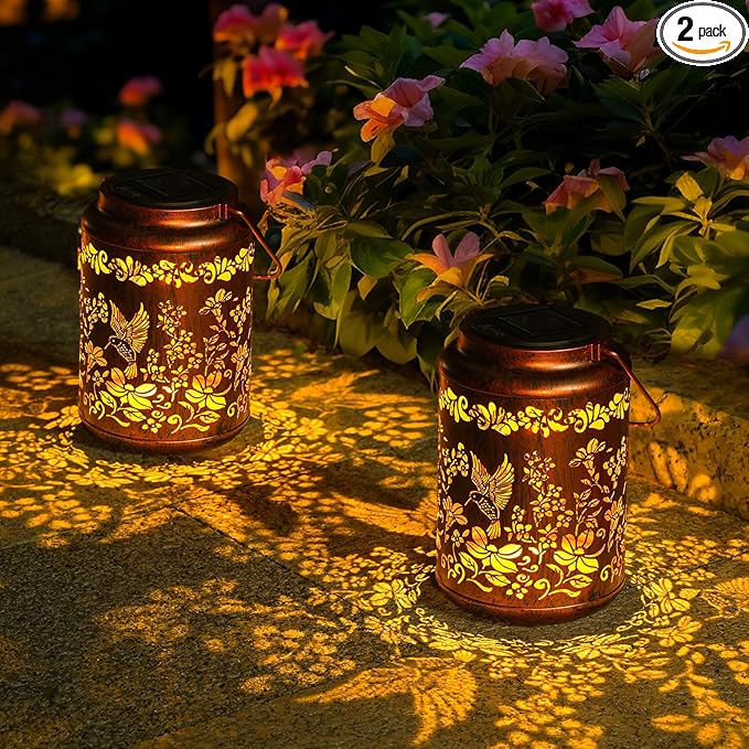 Solar Lanterns Outdoor Waterproof Solar Garden Lights Hummingbird Gifts for Women Mom Grandma 50LM LED Metal Hanging Lanterns with Handle Garden Decor Light for Table Pathway Walkway, 2 Pack