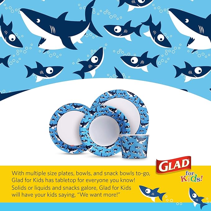 Glad for Kids 8.5 Inch Round Paper Plates, Cute Sharks Design, Heavy Duty Cut-Resistant and Soak-Proof Disposable Plates, Microwavable Kids Tableware for Meals, Parties, Snacks, 20 Count