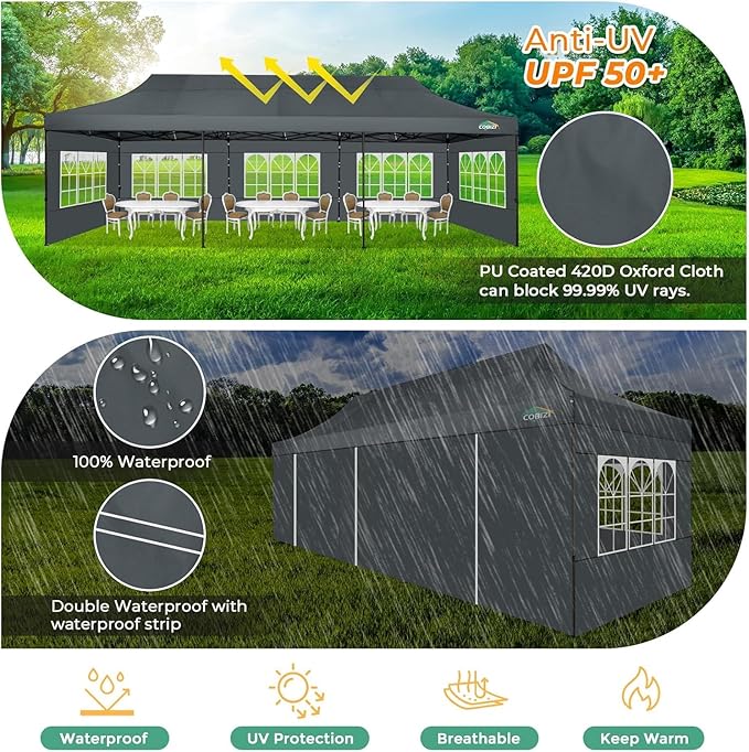 COBIZI 10x30 Heavy Duty Party Tent, Commercial 10x30 pop up Canopy for Parties Waterproof Gazebos with 8 Sidewalls, All Season Wind & Waterproof UPF50+,Stable Thickened Frame, Gray