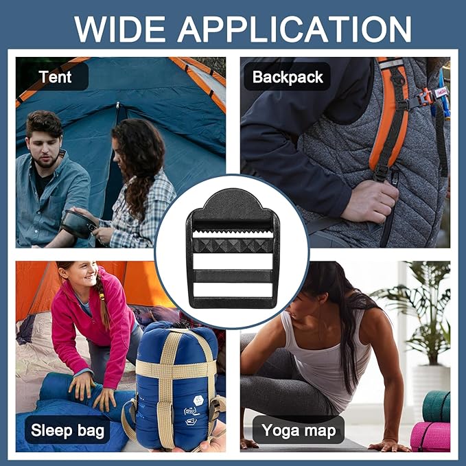 CooBigo 10 Pack Plastic Ladder Lock Buckles, 1-1/4" Ladder Slider Buckle for Backpack Strap Nylon Webbing Clip Replacement, Outdoor Camping Gear Sleeping Bag Tent Tie Down Strap Accessories (Black)