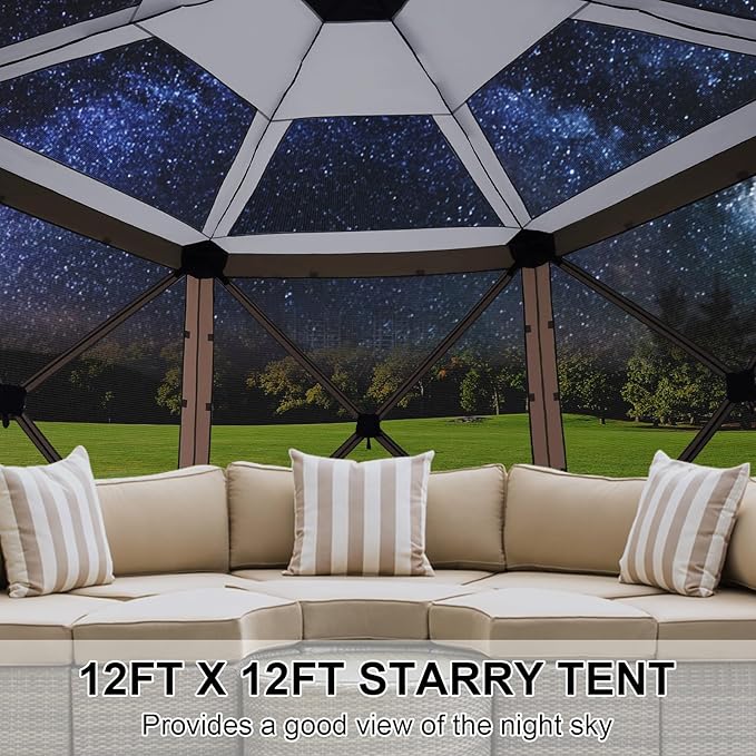 COBIZI 12x12FT Pop Up Gazebo Screen Tent Screen House for Camping, Screen Room with Mosquito Netting, Hub Tent Instant Screened Canopy with Carrying Bag and Ground Stakes, Brown