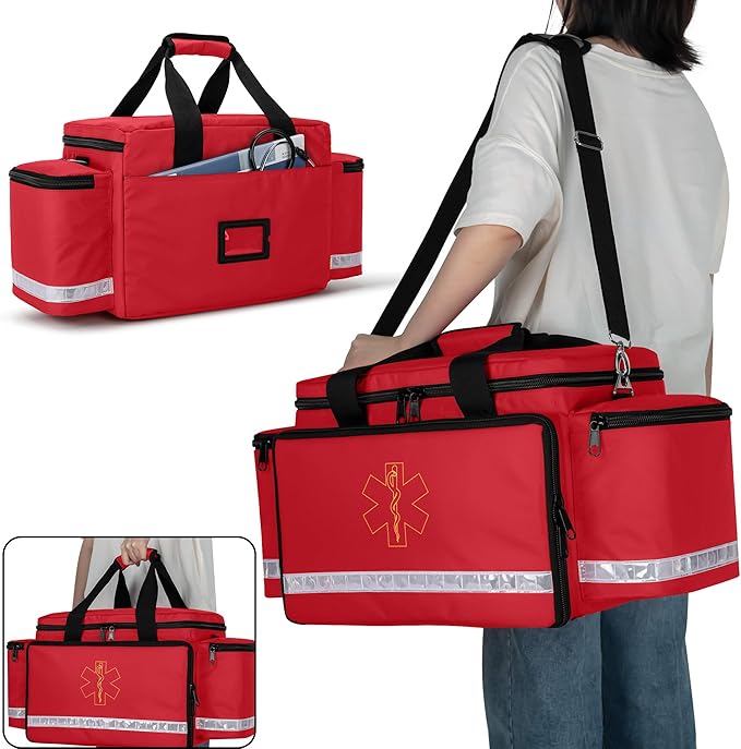 Trunab Emergency Responder Trauma Bag Empty, Professional First Aid Kits Storage Medical Bag with Inner Dividers and No-Scratch Bottom, Ideal for EMT, EMS, Paramedics, Red, BAG ONLY