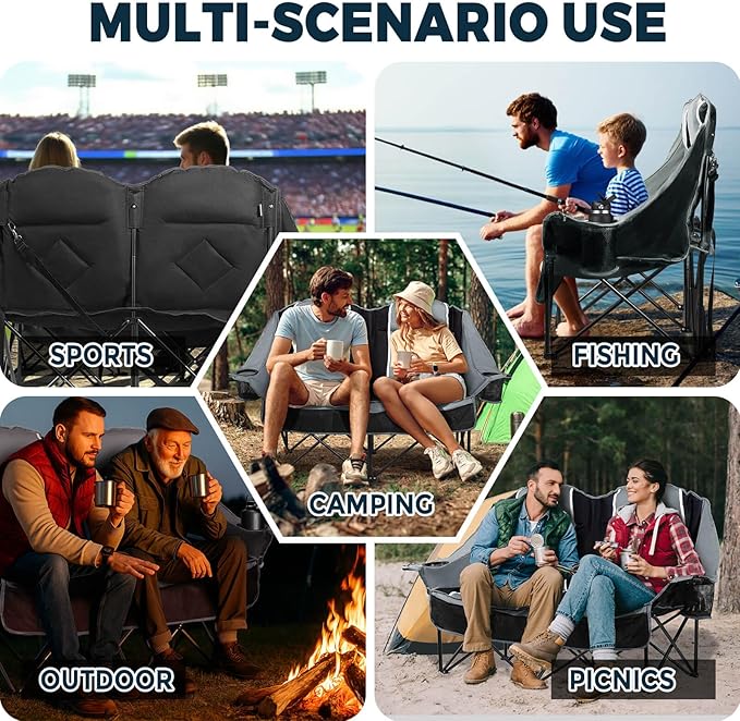 Oversized USLCamping Chair - 2 Person Portable Folding Outdoor Loveseat Heavy Duty Lawn Chairs for Adults with Padded Cushion & Dual Cup Holders, Supports 660LBS for Camping，Sports，Picnic