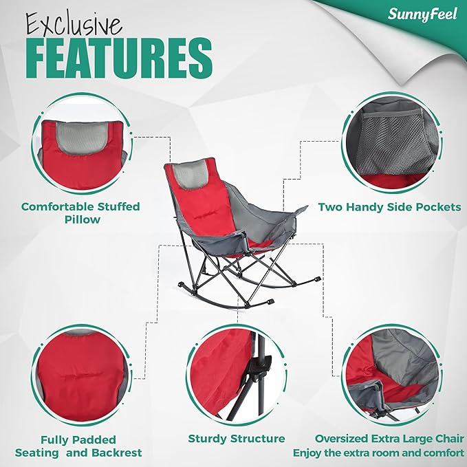 SUNNYFEEL Oversized Rocking Camping Chair, Fully Padded Patio Chair with Side Pocket, High Back Portable Lawn Recliner with Headrest, Outdoor Camp Rocker Chairs for Adults Heavy Duty 500 LBS Carry Bag