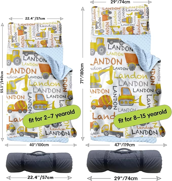 Personalized Toddler Nap Mat for Preschool, Custom Name Kids Sleeping Bag for Daycare, Kindergarten Roll Up Sleeping Mat with Removable Pillow and Soft Blanket, Fun Themes for Boys & Girls