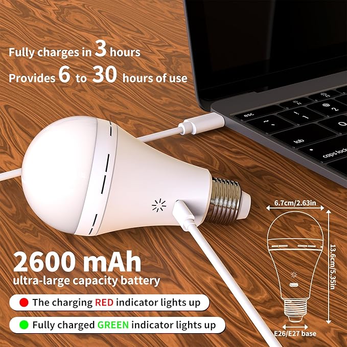 E26 Rechargeable Light Bulbs with Remote Control, 2600mAh Battery Operated Light Bulb with Hook, 3000K-6500K，40W Equivalent, 3 Timer, for Sconces Lamps Without Power, Camping, Emergency 2 Pack