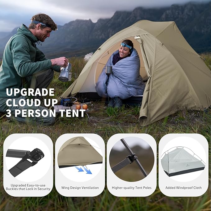 Naturehike Cloud Up 3 Person Backpacking Tent with Footprint - 3 Season Free Standing Lightweight 3 Person Camping Tent | with Footprint, Free Standing, Dome, Camping, Hiking, Waterproof