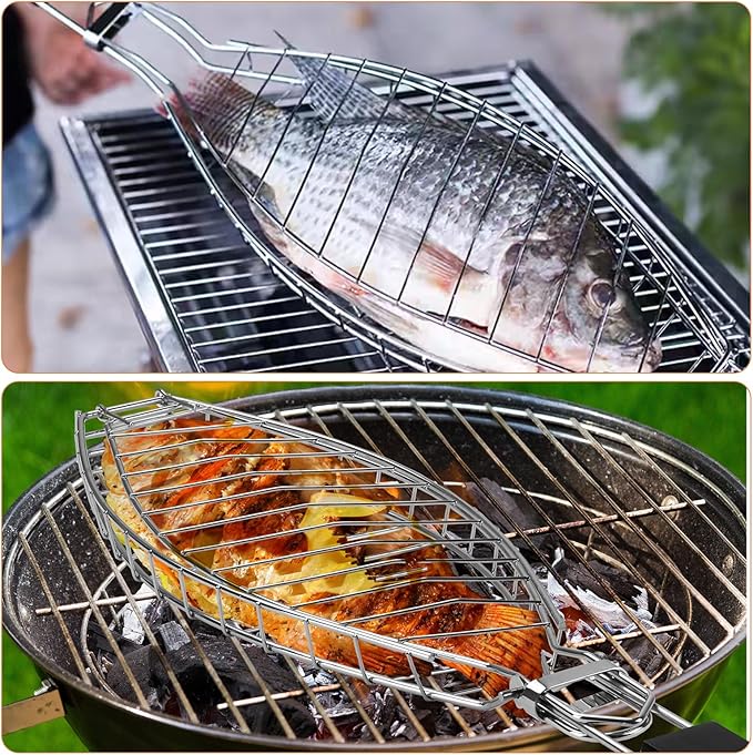 Fish Grill Basket, Heavy Duty Stainless Steel Grilling Basket with Removable Wooden Handle & Bonus Basting Brush, BBQ Accessories for Outdoor Camping Picnic, Cook Whole Fish, Seafood, Vegetables