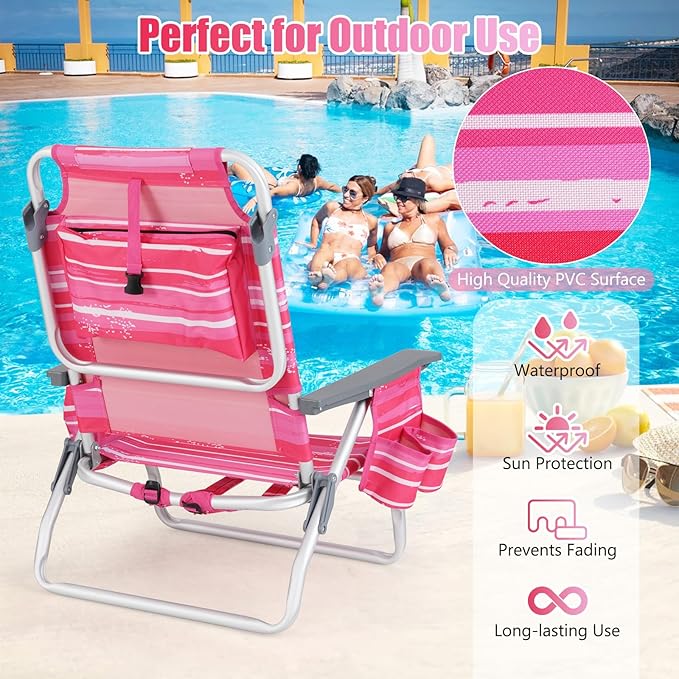 GYMAX Beach Chairs, Backpack Camping Chair with Armrest, Cooler Bag, Cup Holder, Towel Bar & Side Pockets, Sunbath Sling Tanning Lounge, Folding Layout Chair (Without Table, Pink Stripe)