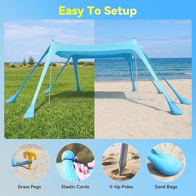 Beach Tent Sun Shelter - 10x10FT Beach Shade Canopy UPF50+ Protection Easy Setup, with 8 Sandbags, 4 Stability Poles, Sand Shovel, Ground Spikes, Outdoor Shade for Sand, Camping, Fishing