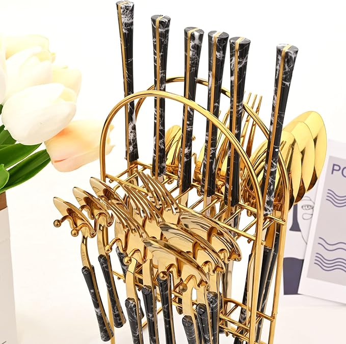 Tableware 24Piece Silver Texture Handle Dinnerwar Cutlery Set Stainless Steel Flatware Western Tableware Knife Fork Spoon Rack Silverware Dinner Servi
