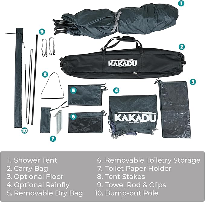 Kakadu Outback Shower Tent, Portable Privacy Shelter, Outdoor Camping Toilet Tent, Changing Room, Sturdy, Easy Setup - with LED Light, Carry Bag, Towel Rod