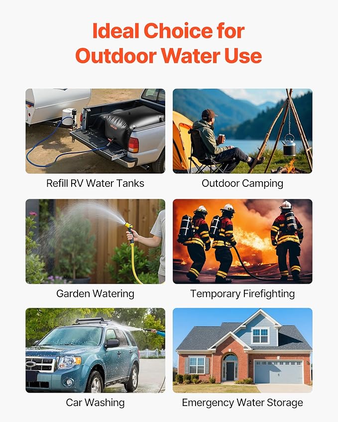 VEVOR Water Storage Bladder, 63.4 Gal Collapsible Water Storage Bag, Wear-Resistant 1000D PVC Soft Waters Bag, Leakproof Camping Tank Containers for Garden Irrigation RV Emergency Use, Black