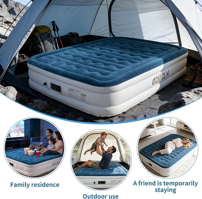 air Mattress Queen with Built in Pump 14 Inch Portable Inflatable Mattress Deluxe Flocking Inflatable Mattress for Temporary Guest Accommodation, Camping, and Home use MAX is 660 pounds