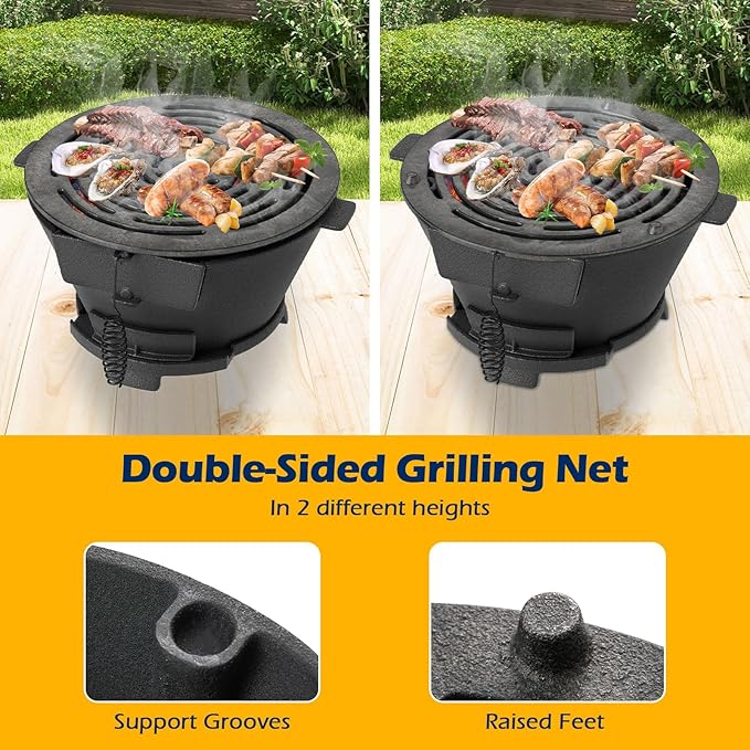 Happygrill Cast Iron Hibachi Charcoal Grill, Portable Japanese BBQ Grill w/ 12” Double-Sided Grate, Air Regulating Door & Fire Gate, Outdoor Tabletop Hibachi Grills for Camping, Picnic