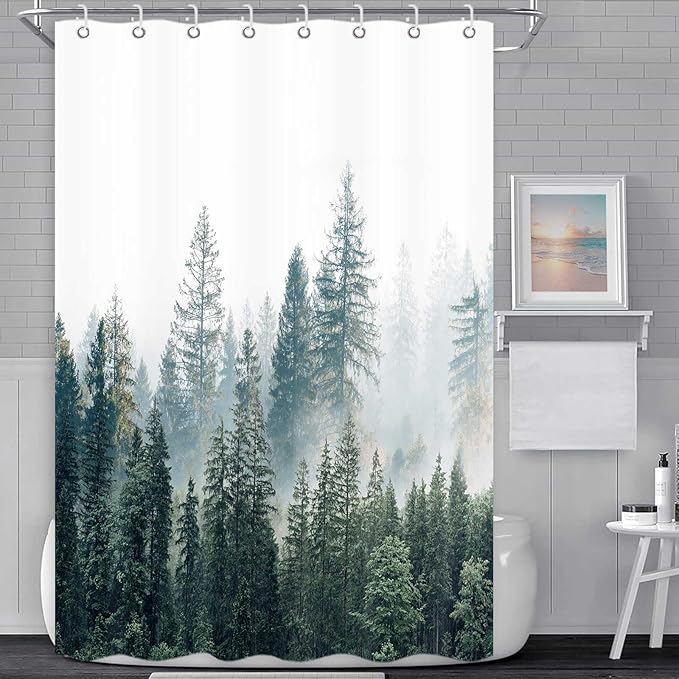 RV Shower Curtain Nature Forest Mountain Camper Shower Curtains for Travel Trailer Bathroom Woodland Tree Camping Bath Accessories Set with Hooks 47 x 64 Inches