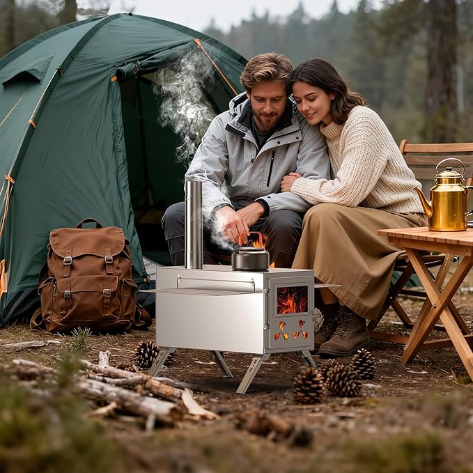 Upgraded Wood Burning Sauna Hot Tent Stove, 2 in 1 Tent Wood Burning Stove with Chimney Pipe for Outdoor Camping Heating, Camping, Hunting, Heating, Cooking, Ice Fishing, Boiling Water