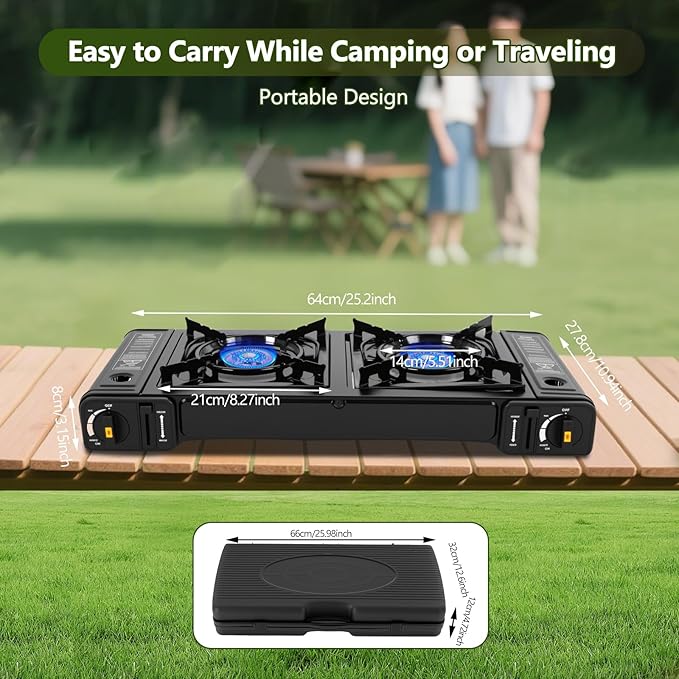 Double Burner Butane Stove, Butane Camping Stove Kit with Carrying Case, Portable Auto Ignition Camping Burner for RV, Apartments, Outdoor
