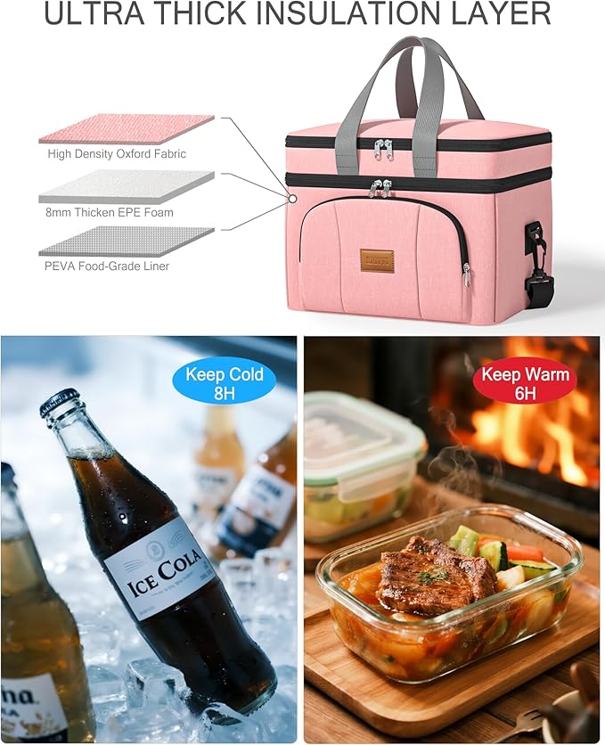 Rnivvi Lunch Box for Women, Double Decker Insulated Cooler Bag Lunch Bag Reusable Leakproof Tote Lunch Container with Strap for Work Family Picnic Hiking Camping, 18 Cans 12L, Large Adults, Rose Pink