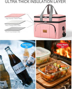 Rnivvi Lunch Box for Women, Double Decker Insulated Cooler Bag Lunch Bag Reusable Leakproof Tote Lunch Container with Strap for Work Family Picnic Hiking Camping, 18 Cans 12L, Large Adults, Rose Pink