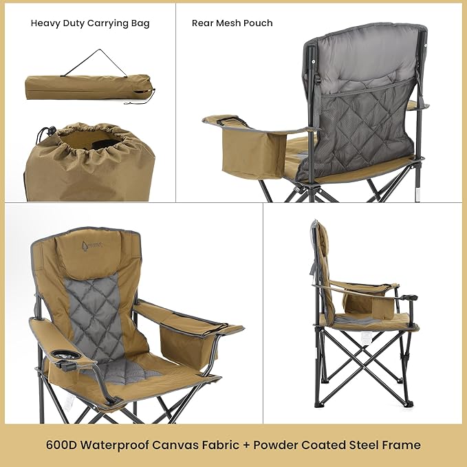 ARROWHEAD OUTDOOR Deluxe Folding Camp Chair – 550lb Capacity Heavy-Duty Quad Chair with Integrated Cooler, Headrest, and Dual Cup Holders.