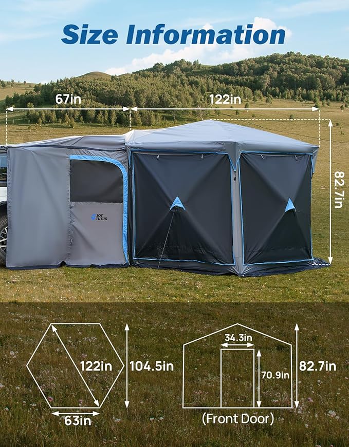 JOYTUTUS Dual-Use Pop up SUV Tents for Camping, 10x10.5 Ft Big Space 2 Rooms Car Tent, SUV Tailgate Tent for Family Camping, 5 Sides Canopy, Portable Carry Bag