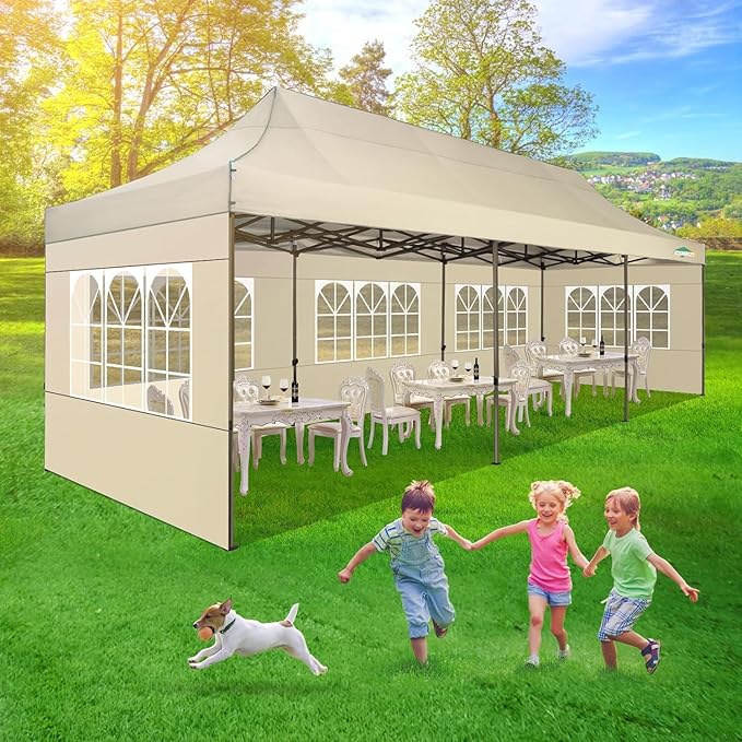 COBIZI Heavy Duty 10x30 Party Tent, Commercial 10x30 pop up Canopy for Parties Waterproof Gazebos with 8 Sidewalls, All Season Wind & Waterproof UPF50+,Stable Thickened Frame, Khaki