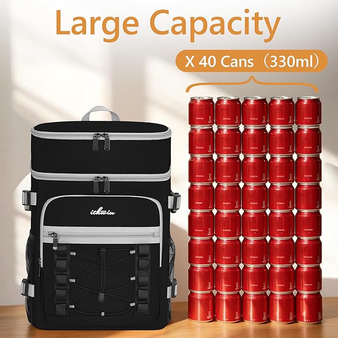 Cooler Backpack, 40 Cans Insulated Lunch Backpack Picnic Backpack for Men&Women, Durable Cooler Bag with 2 Leak Proof Compartments for Picnic, BBQ Camping, Lunch, Beach, Hiking, Black