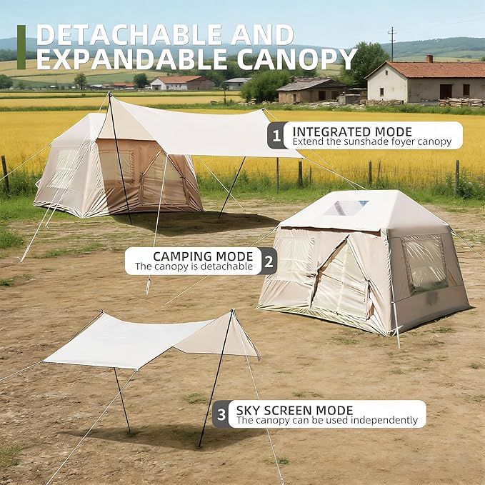 Inflatable Tent, 4-6 Person Luxury Camping Tents, Detachable Rainfly Sky-View Roof, Sturdy Oxford Fabric Cabin for Hiking, Quick Inflate Hot Thermal Outdoor House,Beige