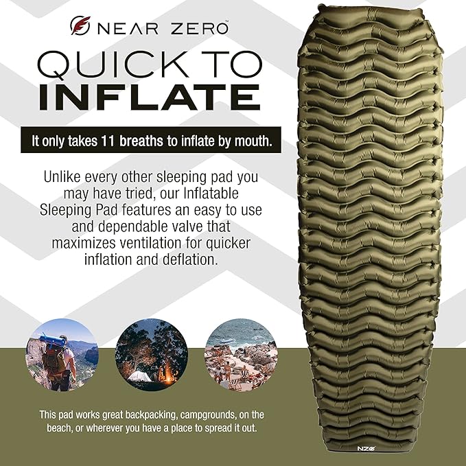 NEAR ZERO Ultralight Inflatable Sleeping Pad – Compact 14.5 oz Air Pad 2" Thick, Quick Inflate with 11 Breaths, Durable Rip-Resistant Nylon – Ideal for Backpacking & Warm Weather, Green